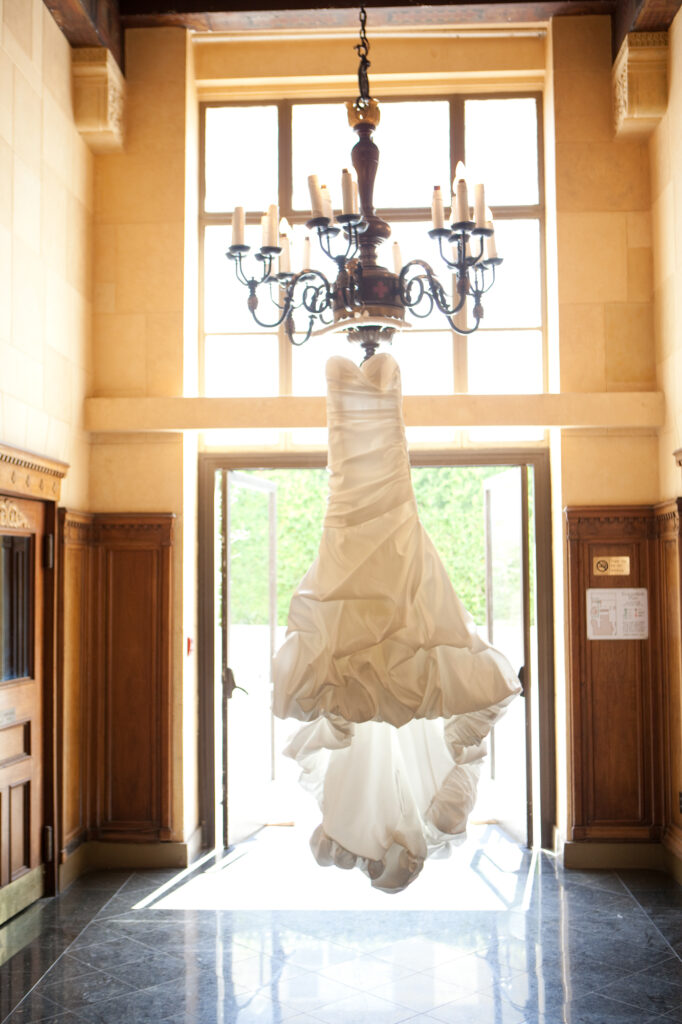 wedding dress hanging from the chandler, Los Angeles weddings